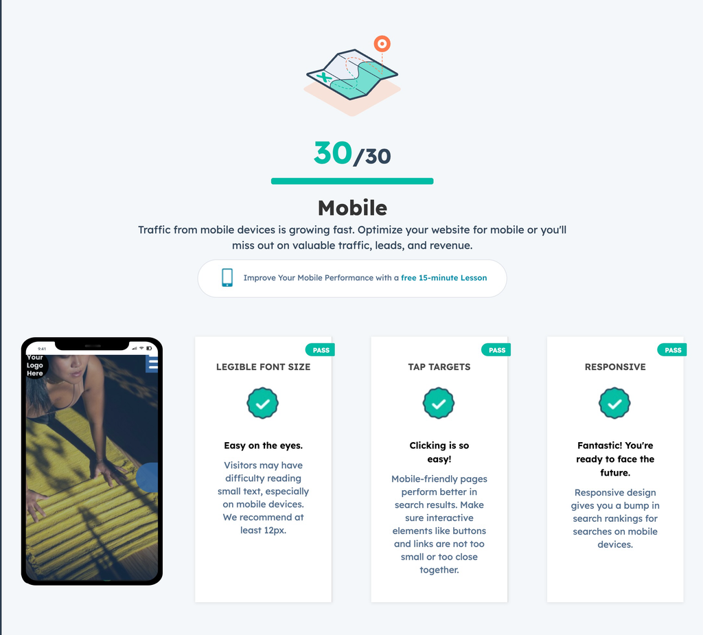 Mobile performance report demonstrating responsive design, accessible tap targets, readable typography, and mobile optimization for the modern Showit wellness website template.
