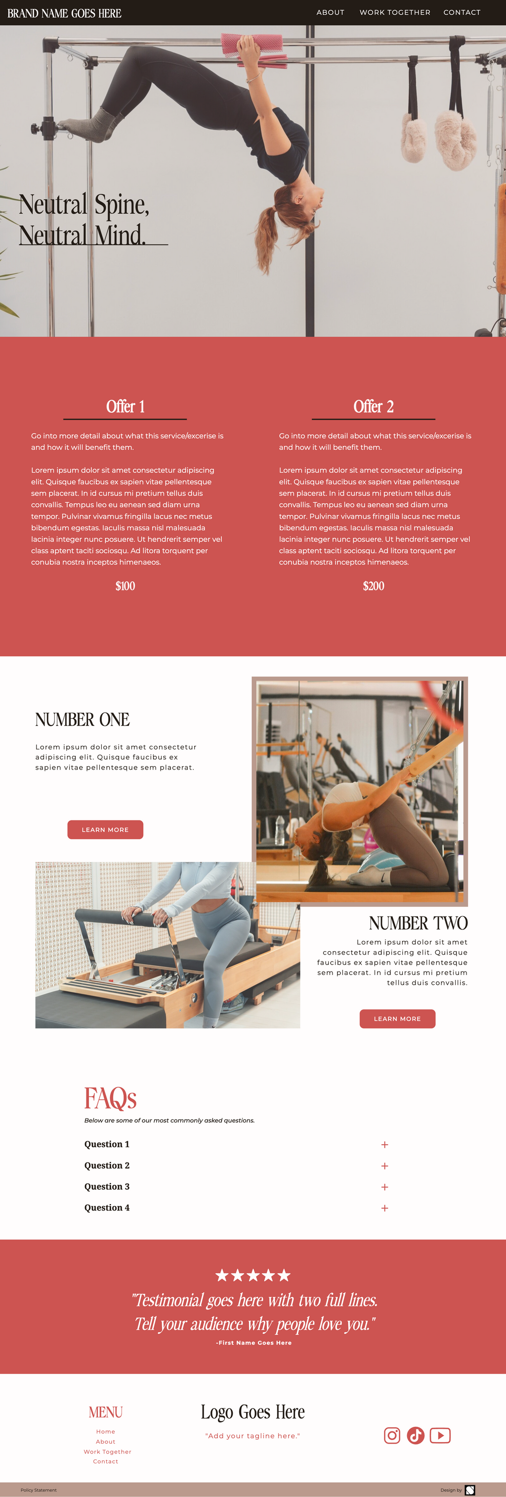 Pilates website template for Showit with service packages, FAQs, call-to-action sections, and modern wellness-inspired design.