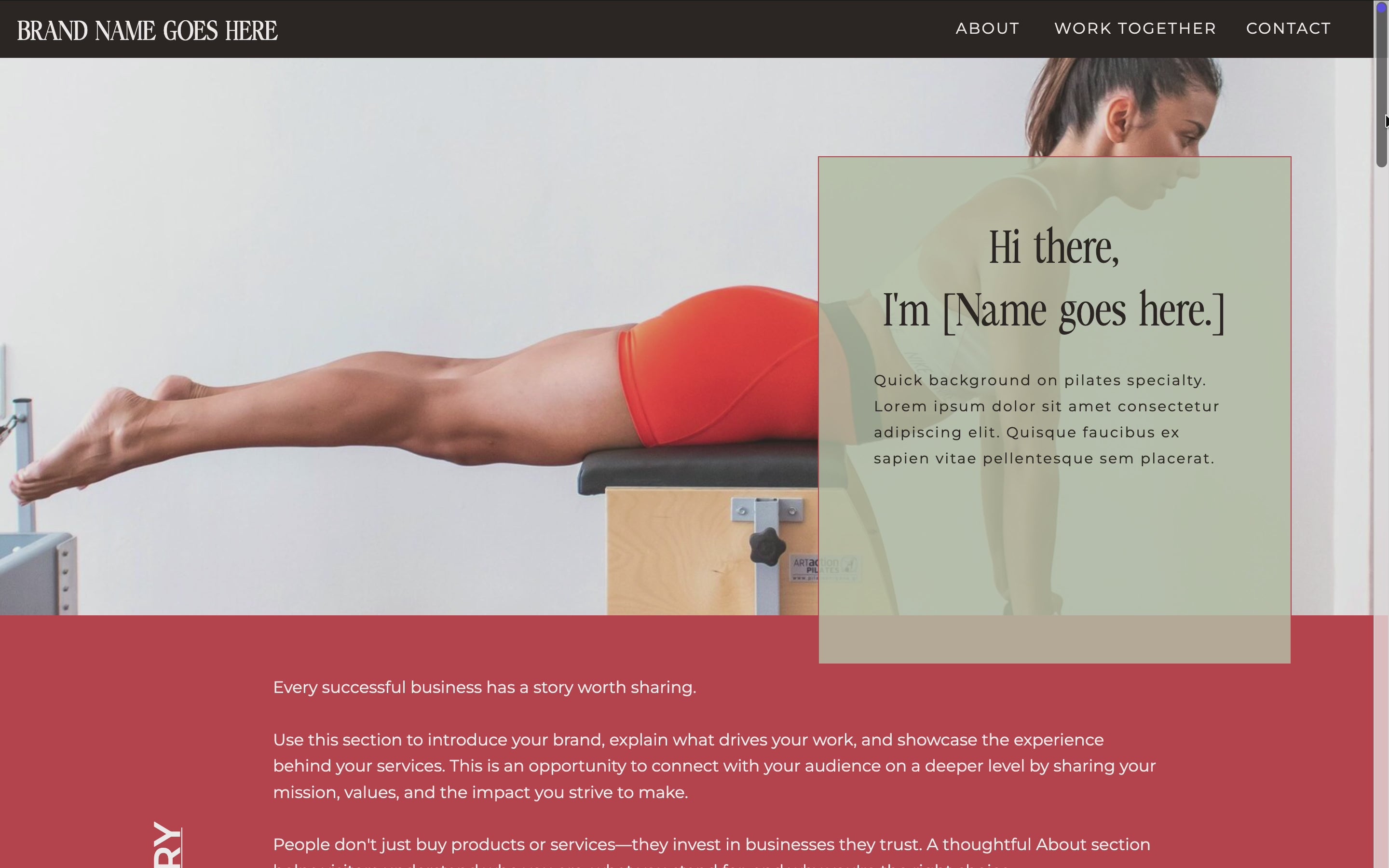 Professional Pilates studio website template for Showit featuring elegant branding, service sections, testimonials, and conversion-focused design.