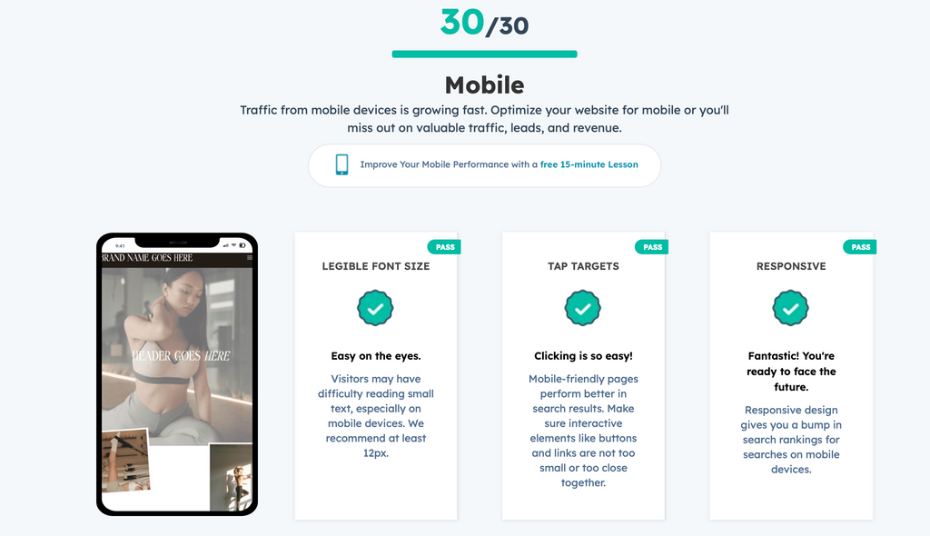 HubSpot Website Grader mobile score of 30 out of 30 for the Sultry Pilates Showit website template, demonstrating responsive design, accessible tap targets, and legible mobile font sizing.