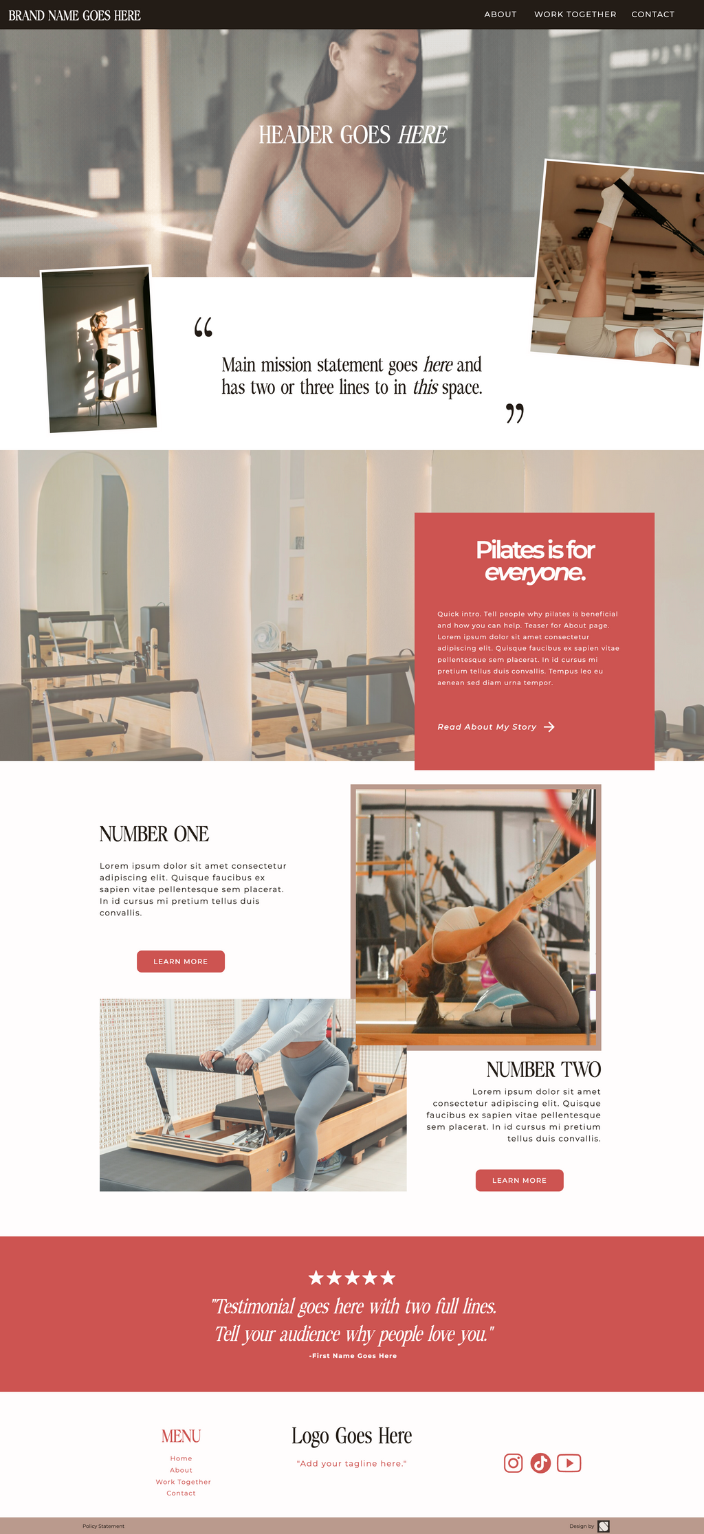 Professional Pilates studio website template for Showit featuring elegant branding, service sections, testimonials, and conversion-focused design.