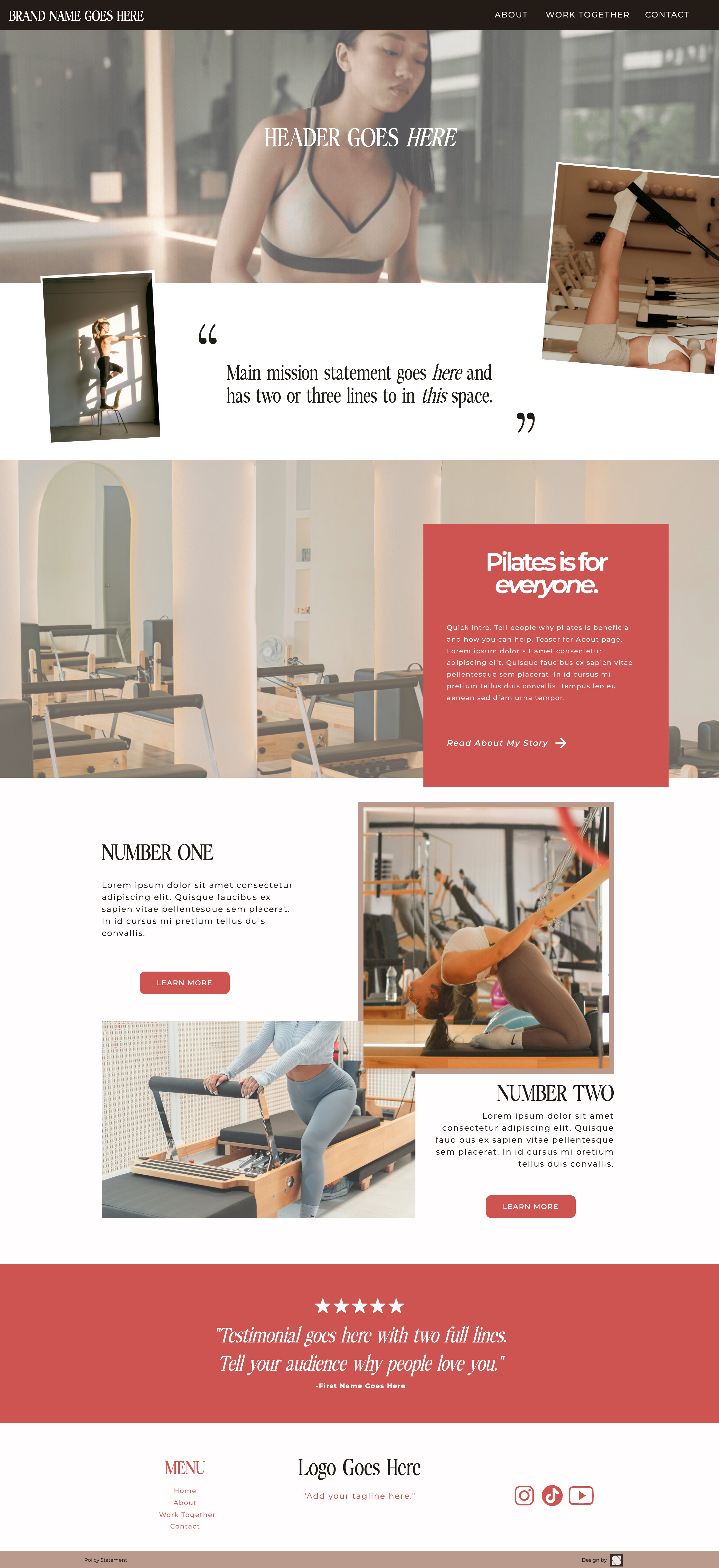 Professional Pilates studio website template for Showit featuring elegant branding, service sections, testimonials, and conversion-focused design.