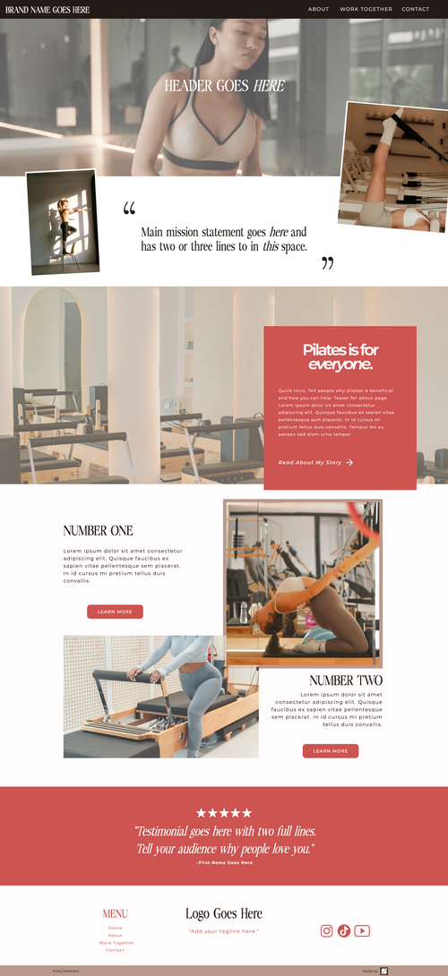 Professional Pilates studio website template for Showit featuring elegant branding, service sections, testimonials, and conversion-focused design.