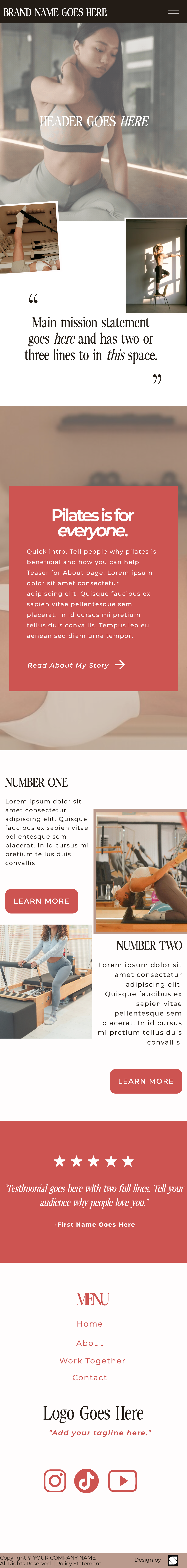 Sultry Pilates Showit website template services page showcasing Pilates class offerings, pricing sections, FAQs, service highlights, testimonials, and mobile-responsive layout.